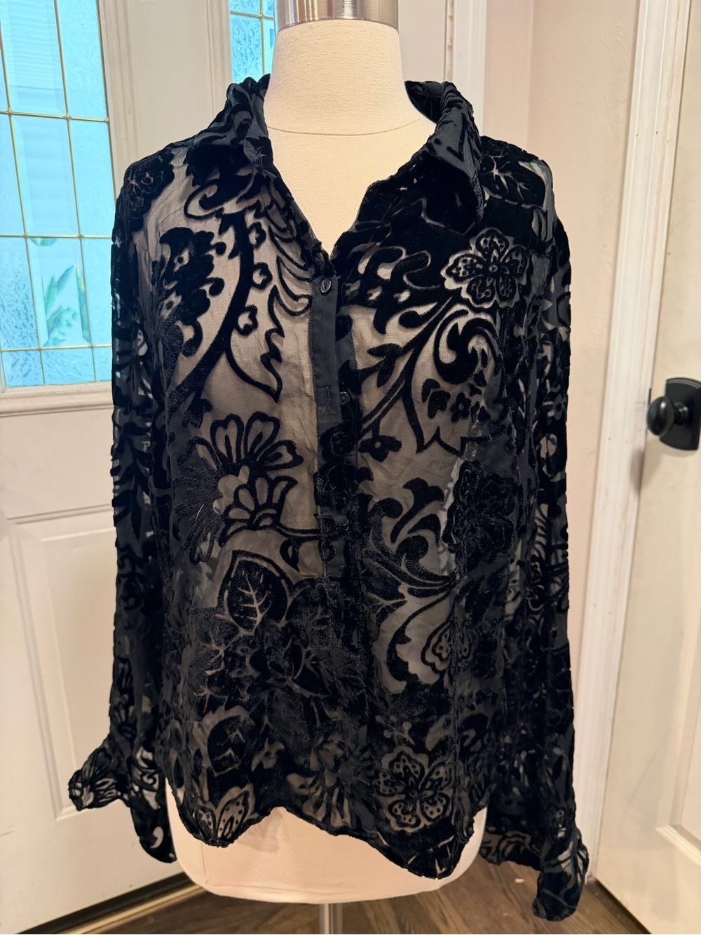 Ice Black Sheer Burnout Floral Button-Down Blouse
